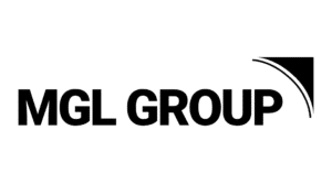 Text "MGL GROUP" in bold black letters next to a black triangle logo with two curved lines, on a white background.