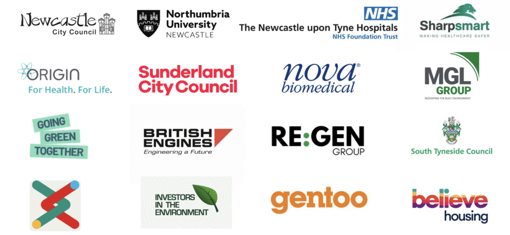 A collection of 16 logos from various organizations, including city councils, health groups, housing, and environmental initiatives, displayed in a grid layout.