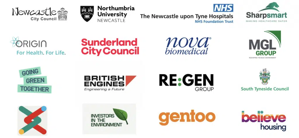 A collection of 16 logos from various organizations, including city councils, health groups, housing, and environmental initiatives, displayed in a grid layout.