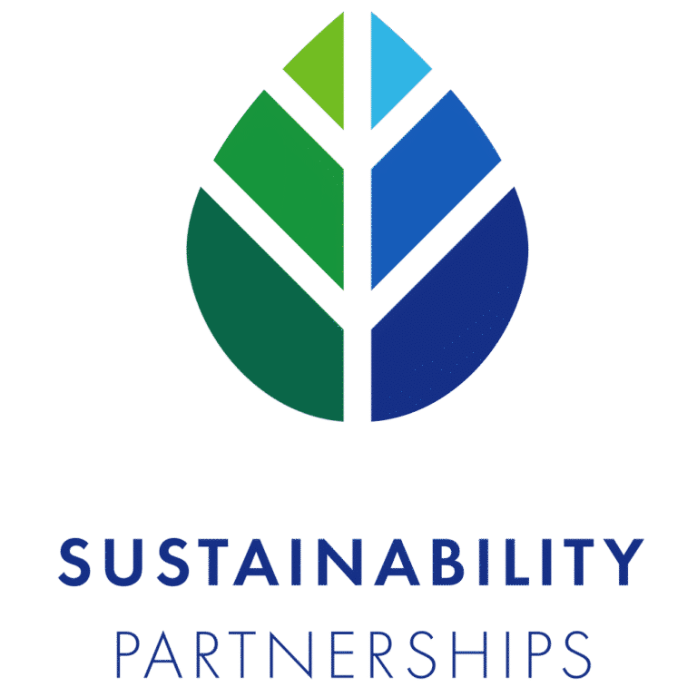 A stylized leaf-shaped logo in shades of green and blue appears above the words “SUSTAINABILITY PARTNERSHIPS” in blue capital letters.