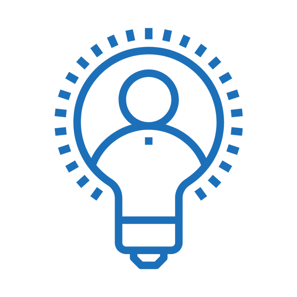 Blue outline icon of a light bulb with a person inside, surrounded by radiating lines.