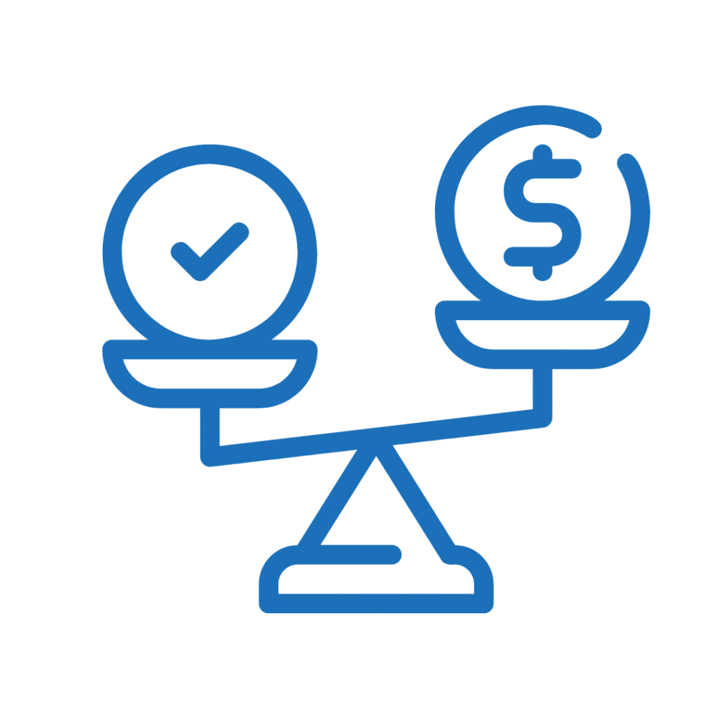 Blue outline of a balance scale with a check mark on one side and a dollar sign on the other, illustrating a comparison between value and cost.