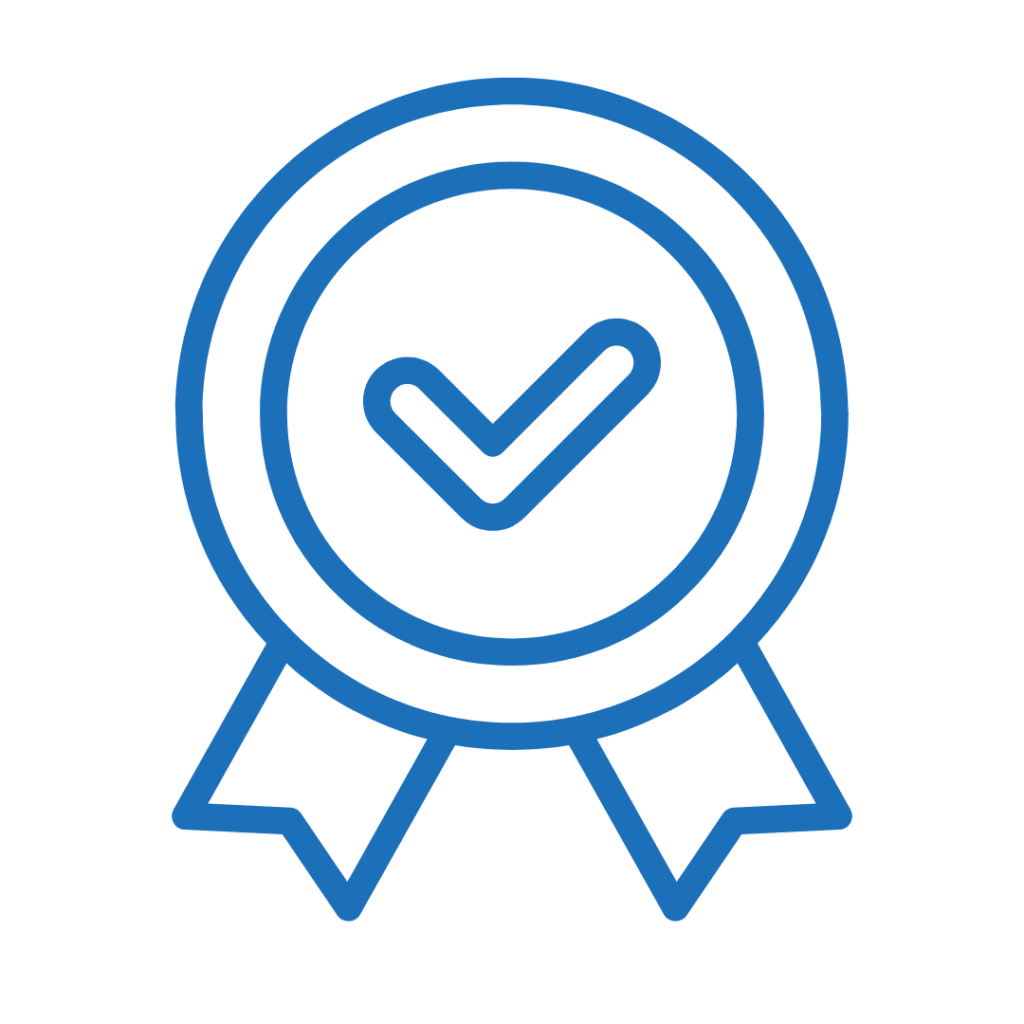 Blue outline of an award ribbon with a check mark in the centre.