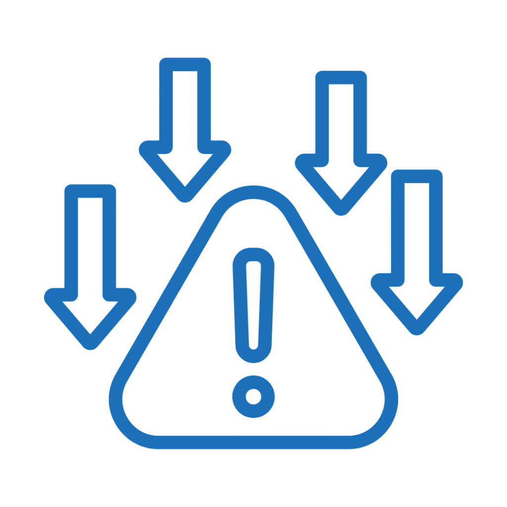 Blue outline of a warning sign with an exclamation mark in the center, surrounded by three downward-pointing arrows.