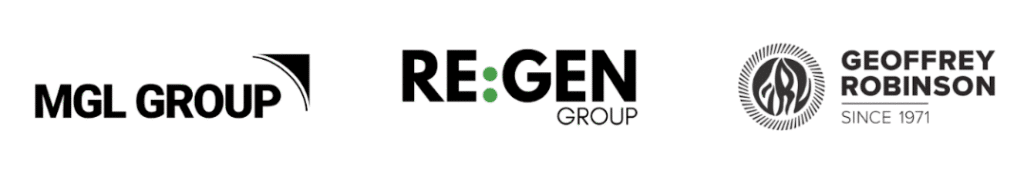 Logos for MGL Group, RE:GEN Group, and Geoffrey Robinson, each with distinct typography and graphic elements, displayed on a white background