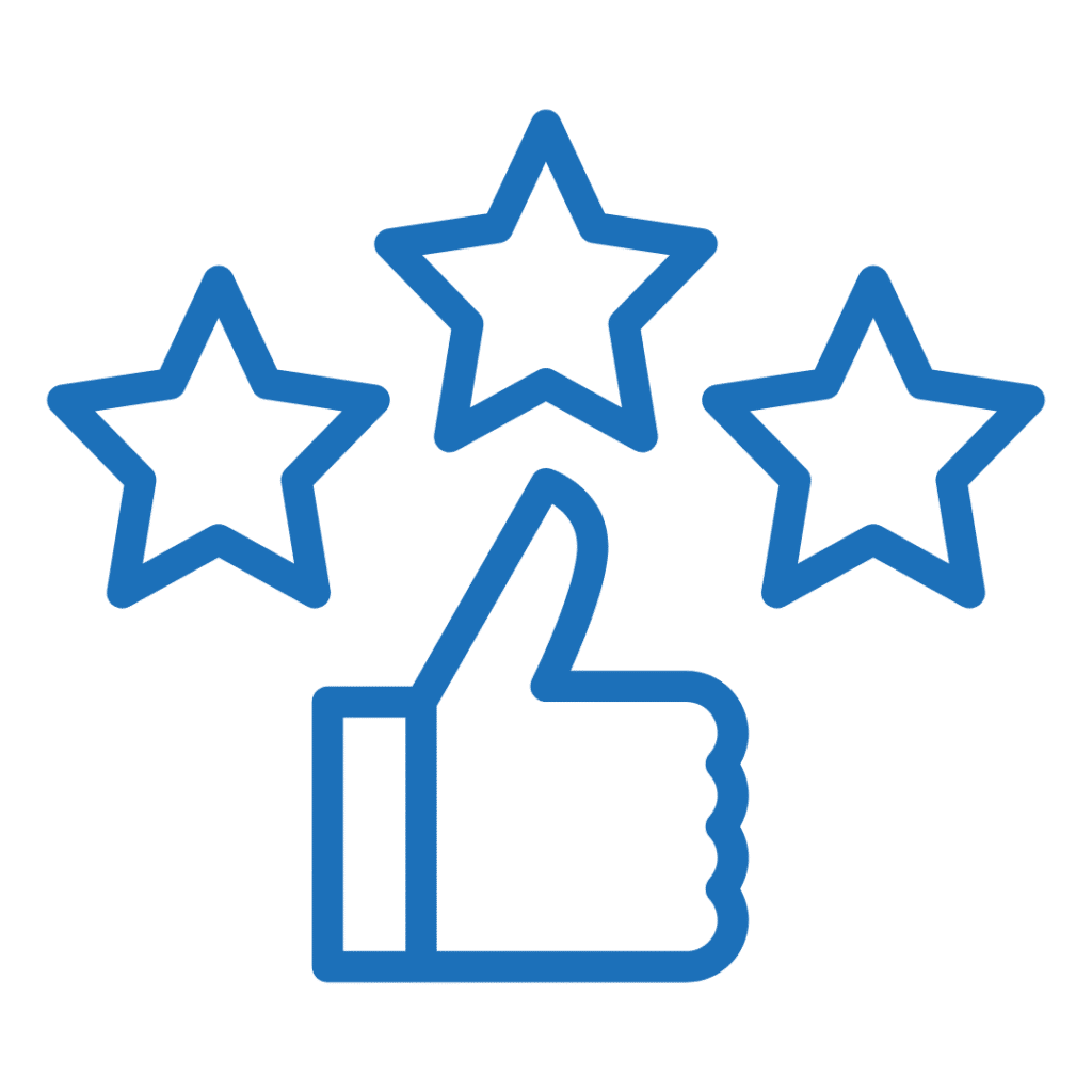 Blue outline of a hand giving a thumbs up with three stars above it on a transparent background.